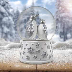 100mm Silver Penguins Playing Snow Globe