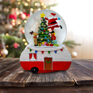 Santa Decorating Tree Snow Globe on Camper