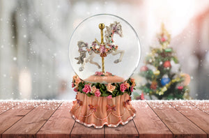 Carousel Horse Water Globe with Pink Flower Base