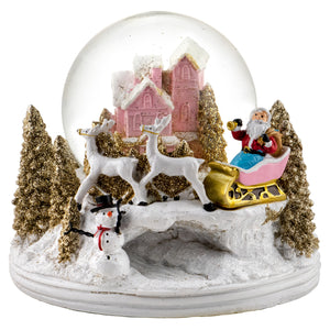 Santa with Reindeer Pink Cottage Snow Globe