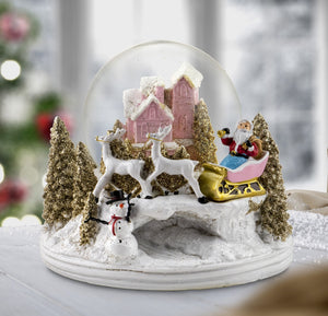 Santa with Reindeer Pink Cottage Snow Globe