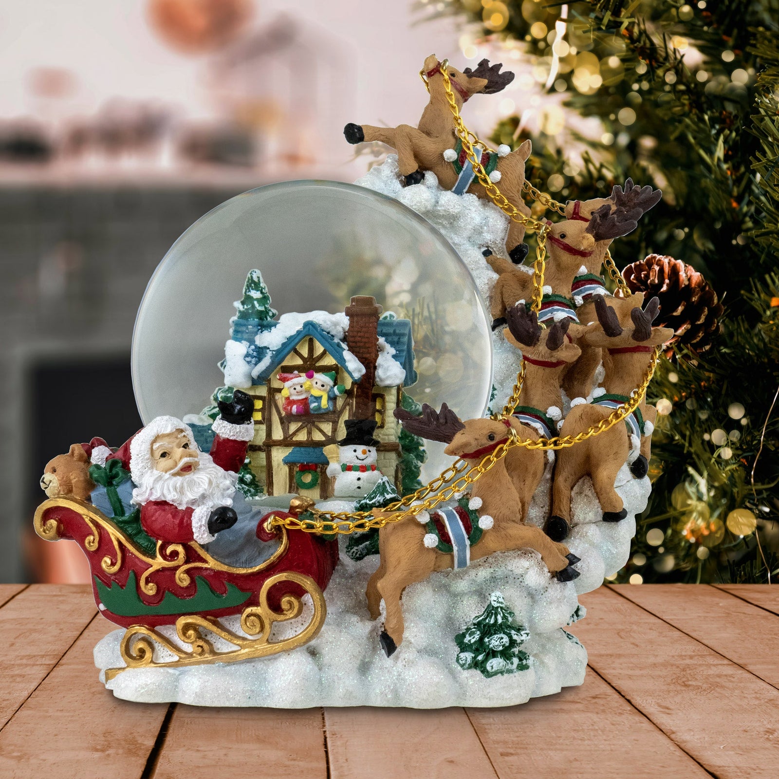 120MM Christmas Santa with Reindeer Musical Snow Globe San Francisco Music Box Company Collectible