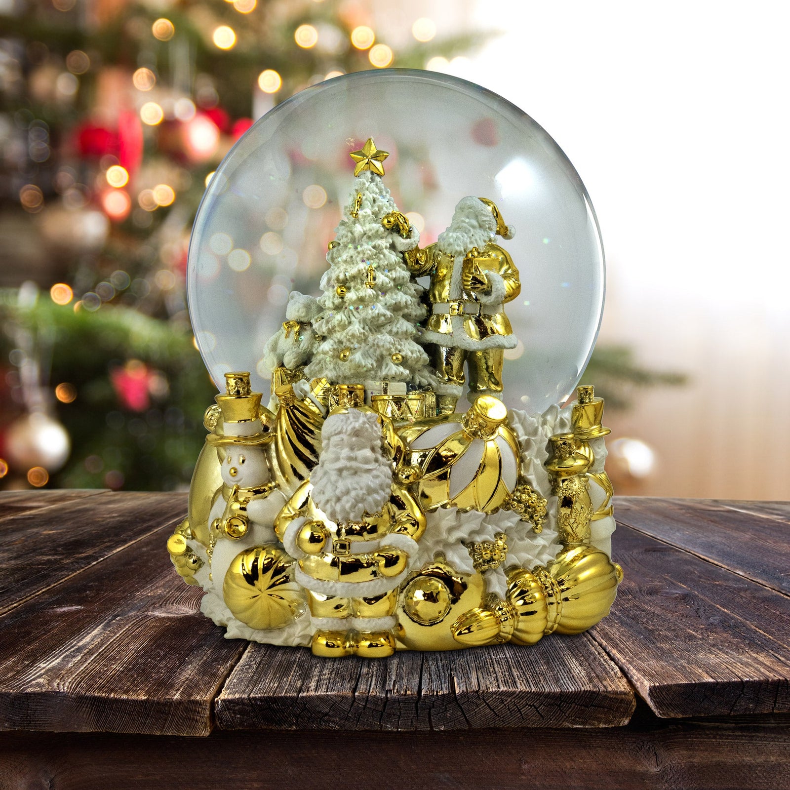 150MM Lighted Blowing Musical Golden Santa and Tree Snow Globe The San Francisco Music Box Company Collectible