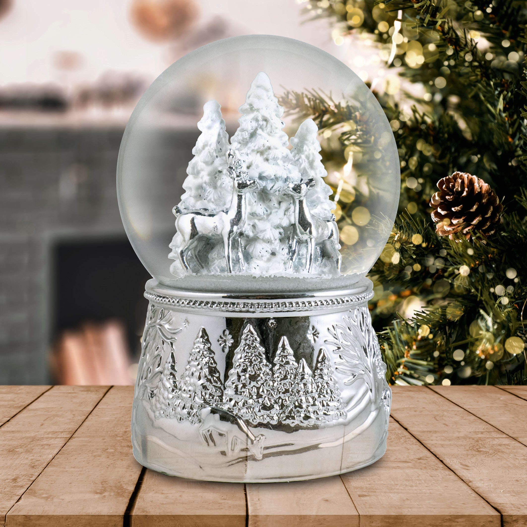 100mm Silver Reindeer in the Woods Snow Globe - San