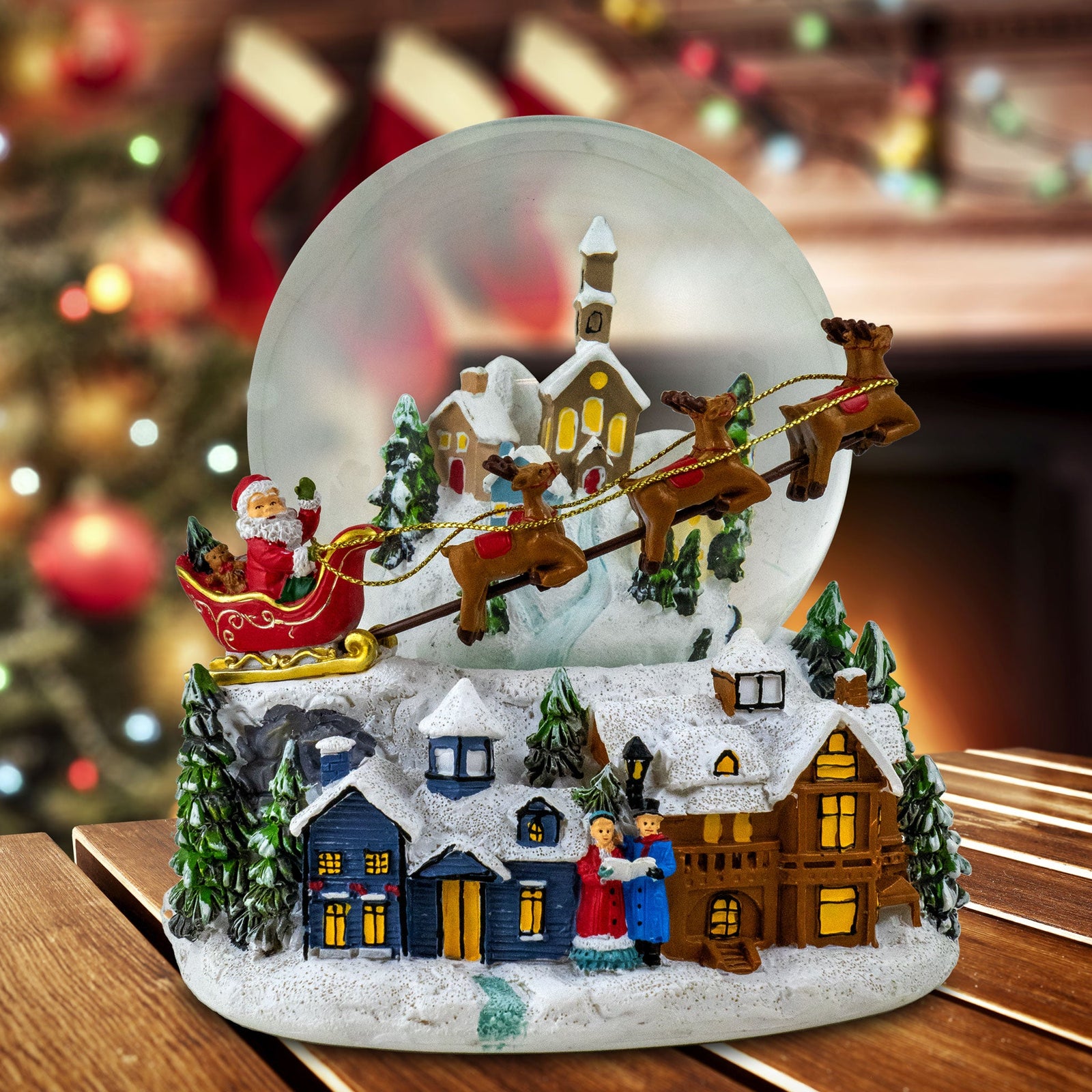 Santa w/ Reindeer Flying Over Village Snow Globe