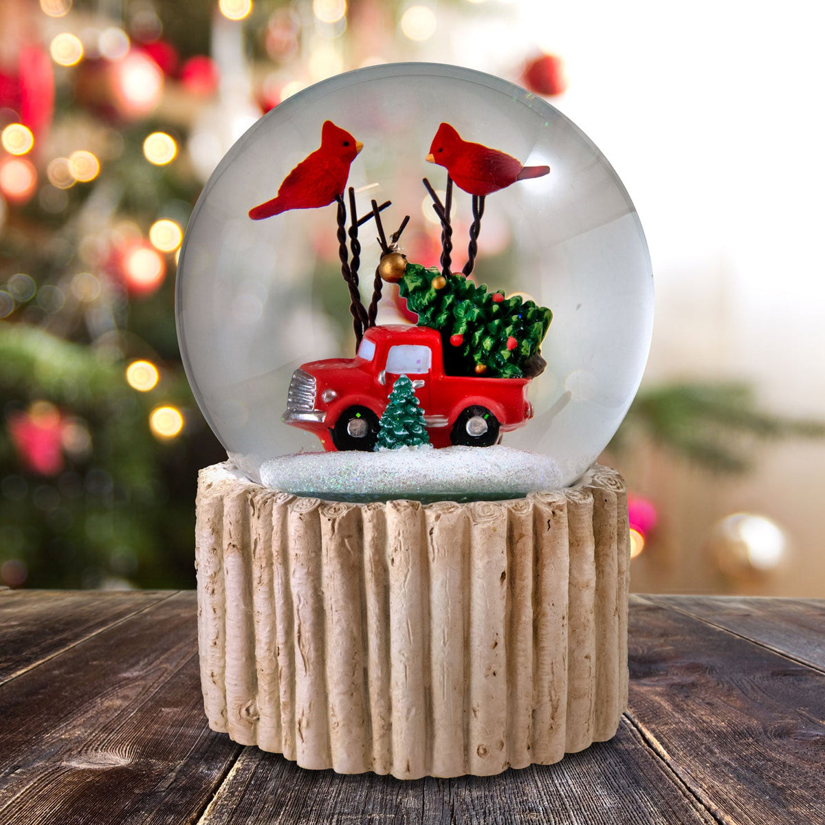 120MM Revolving Red Truck with Cardinals Snow Globe