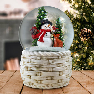 Snowman with Fox and Cardinal Swirling-Snow Musical Globe