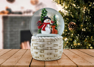 Snowman with Fox and Cardinal Swirling-Snow Musical Globe