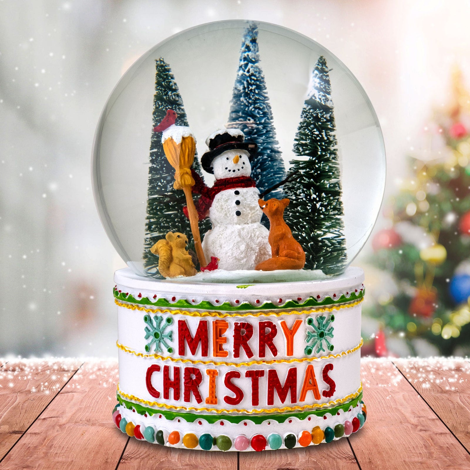 Merry Christmas Snowman and Forest Friends Musical Snow Globe
