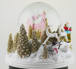 Santa with Reindeer Pink Cottage Snow Globe