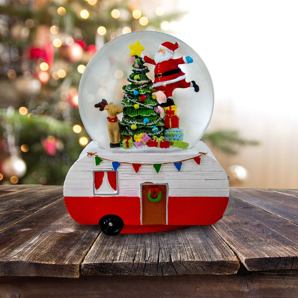 camper globe Santa Decorating Tree Snow Globe on Camper