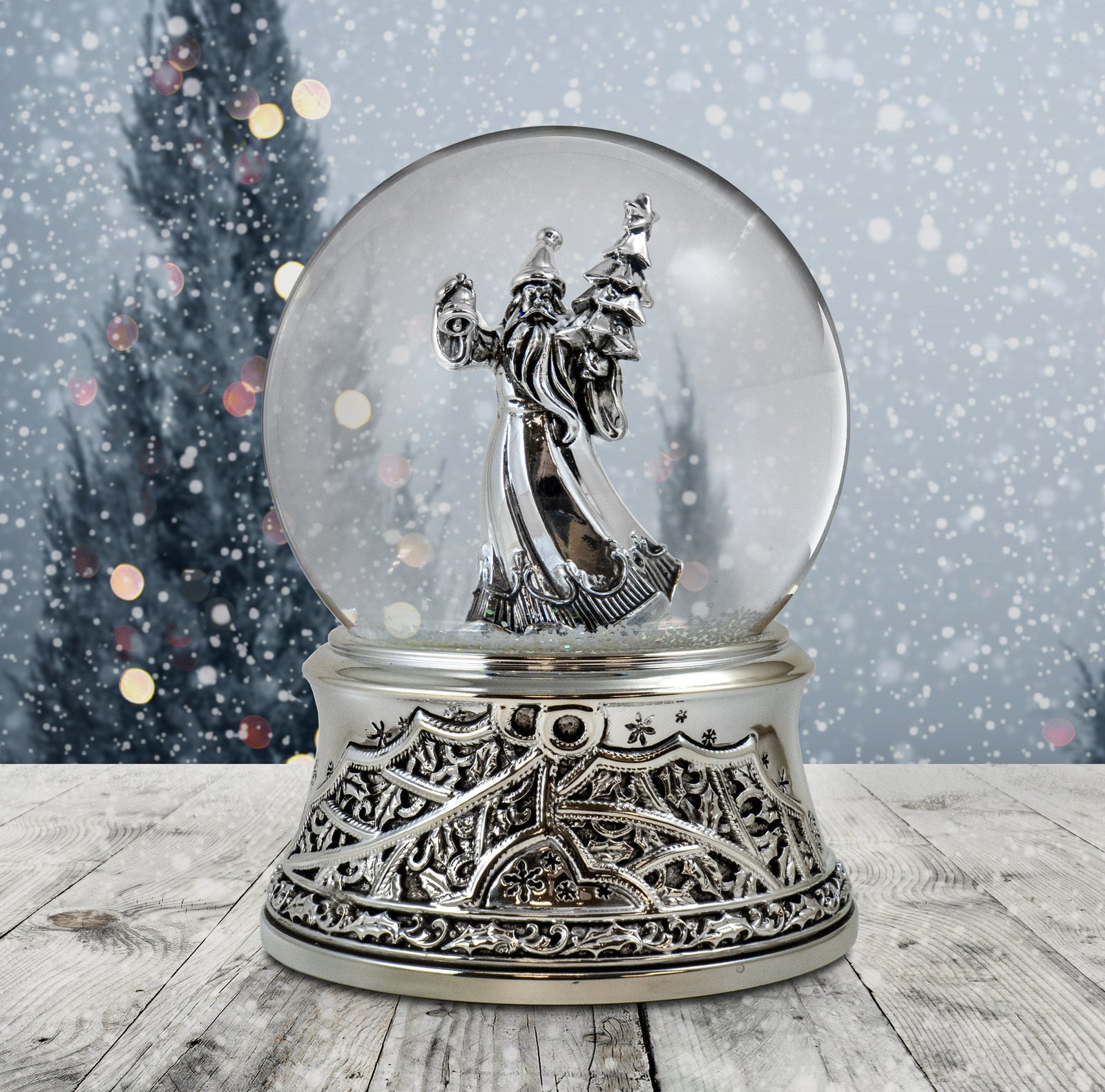 Silver Santa with Tree Musical Snow Globe The San Francisco Music Box Company Collectible