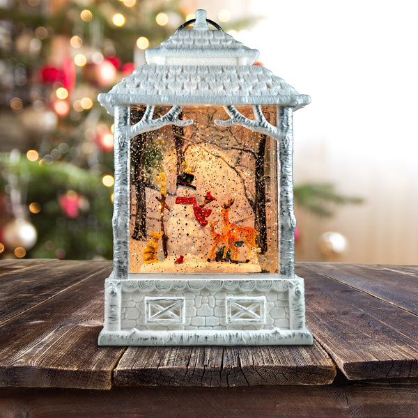 Snowman with Deer Lantern Snow Globe - San Francisco Music Box Company