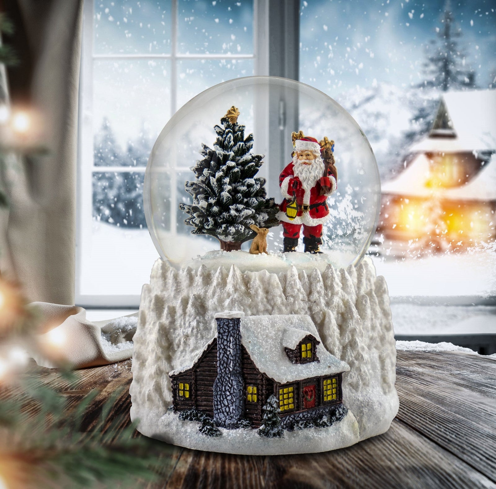 100MM Musical LED Santa w/ Cabin Lighted Base San Francisco Music Box Company Collectible