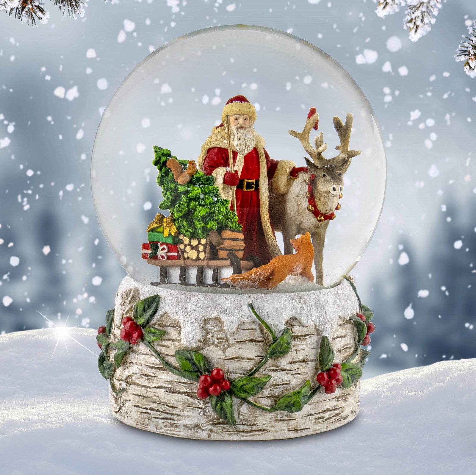 120MM Musical Santa with Reindeer Snow Globe San Francisco Music Box Company Collectible