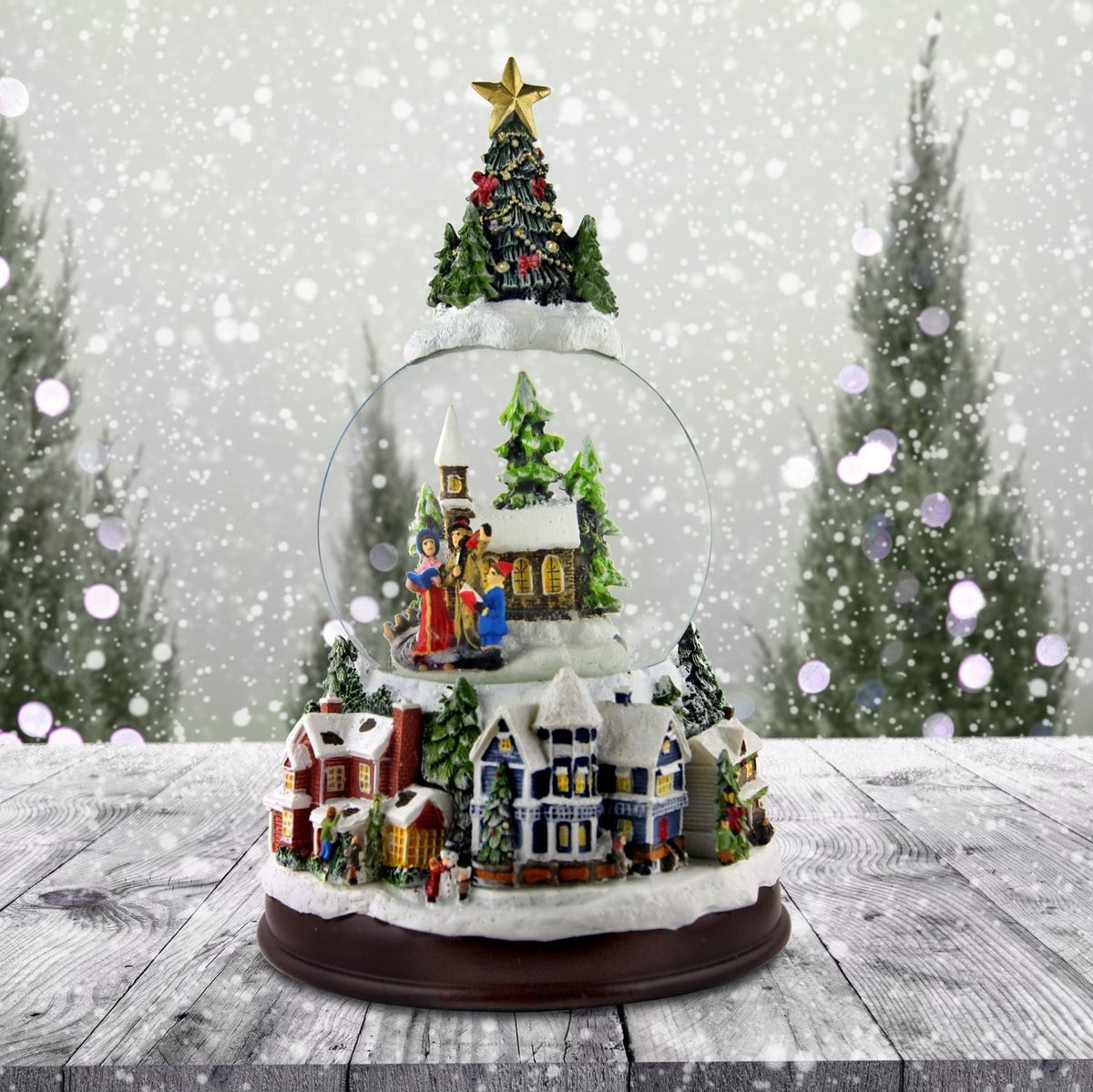 Carolers with Tree Top and Village Base Snow Globe