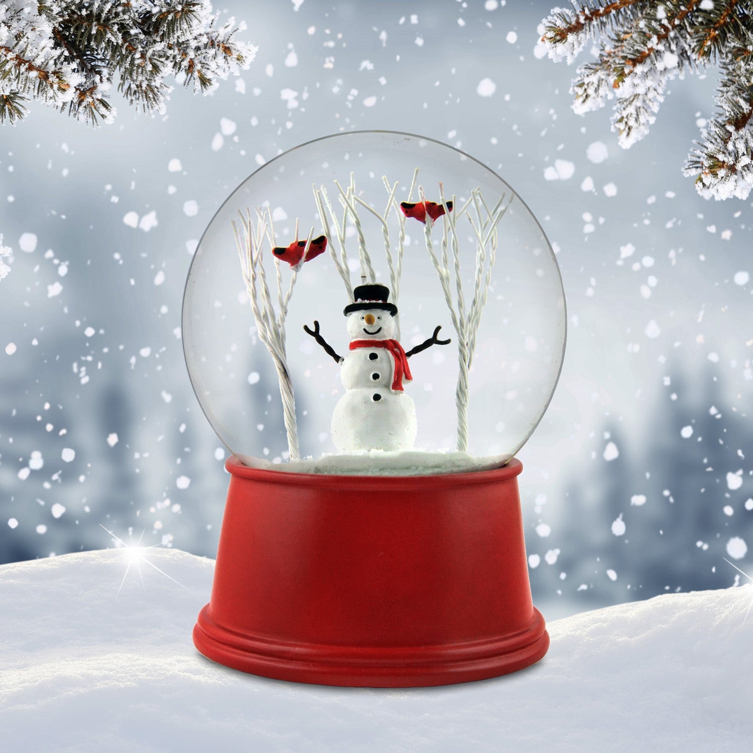 Snowman with Cardinals on a Tree Snow Globe - San Francisco Music Box Company