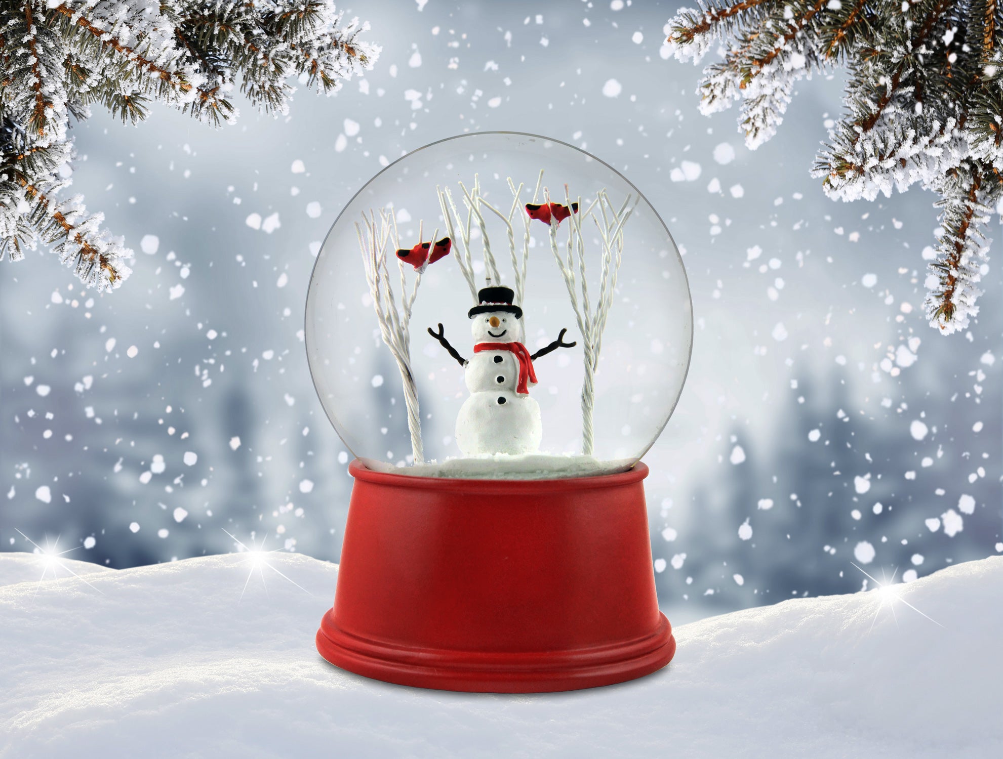 Snowman with Cardinals on a Tree Snow Globe - San Francisco Music