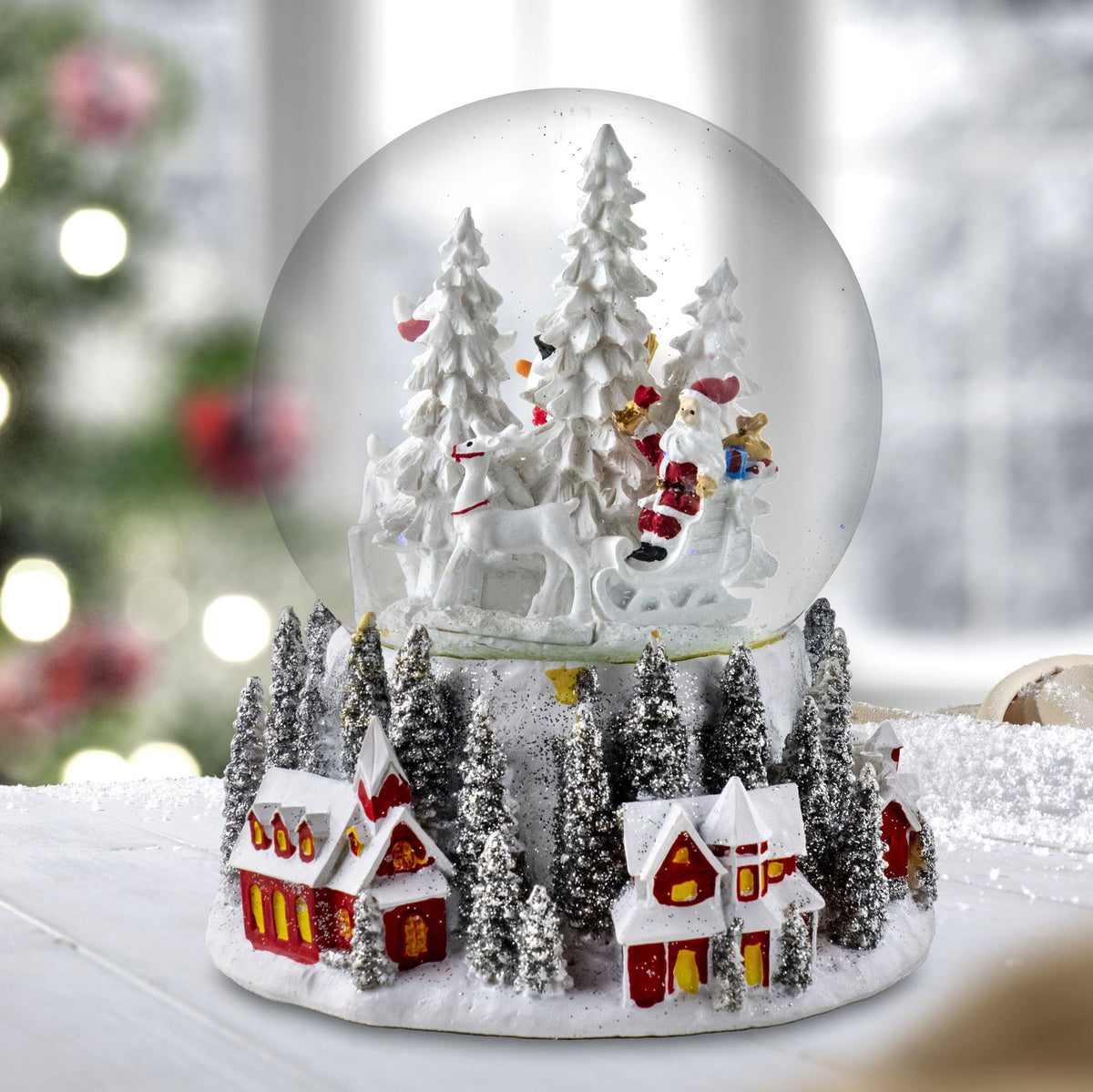 120MM Santa & Snowman w/ Red Village Base Snow Globe