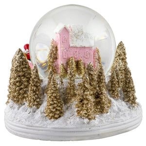Santa with Reindeer Pink Cottage Snow Globe