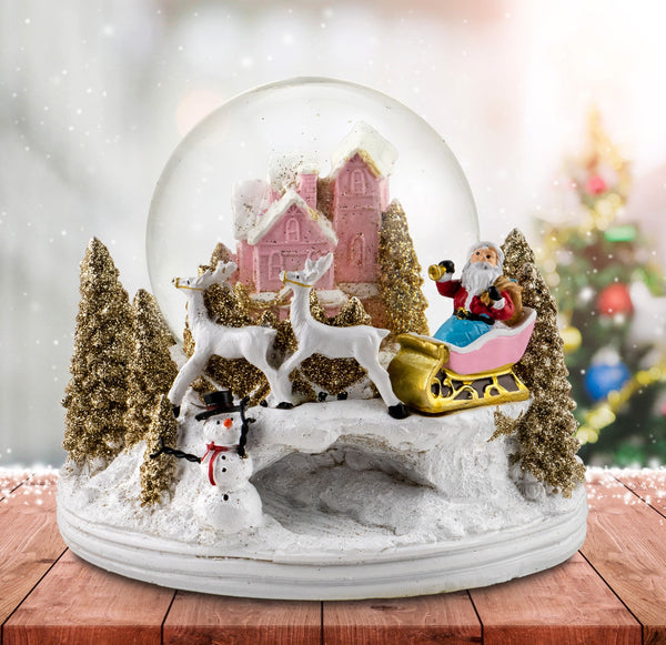 Santa with Reindeer Pink Cottage Snow Globe - San Francisco