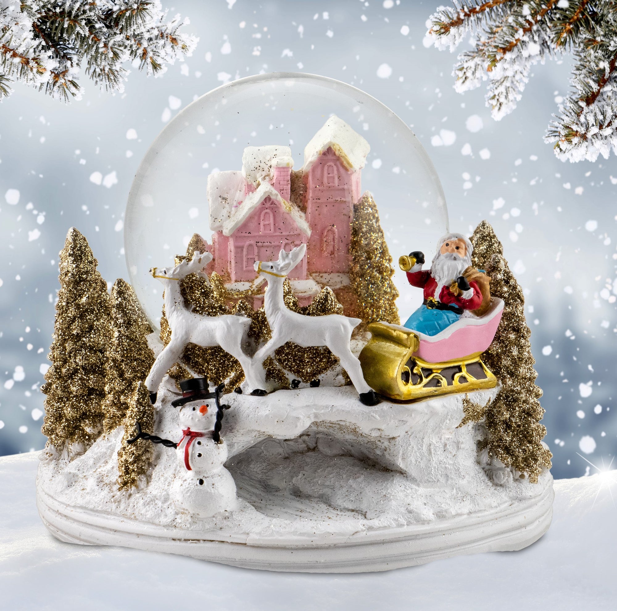 Santa with Reindeer Pink Cottage Snow Globe