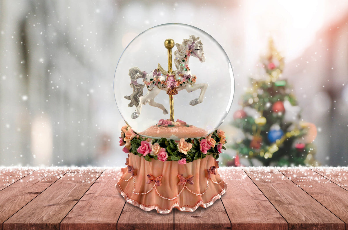 Carousel Horse Water Globe with Pink Flower Base San Francisco Music Box Company Collectible