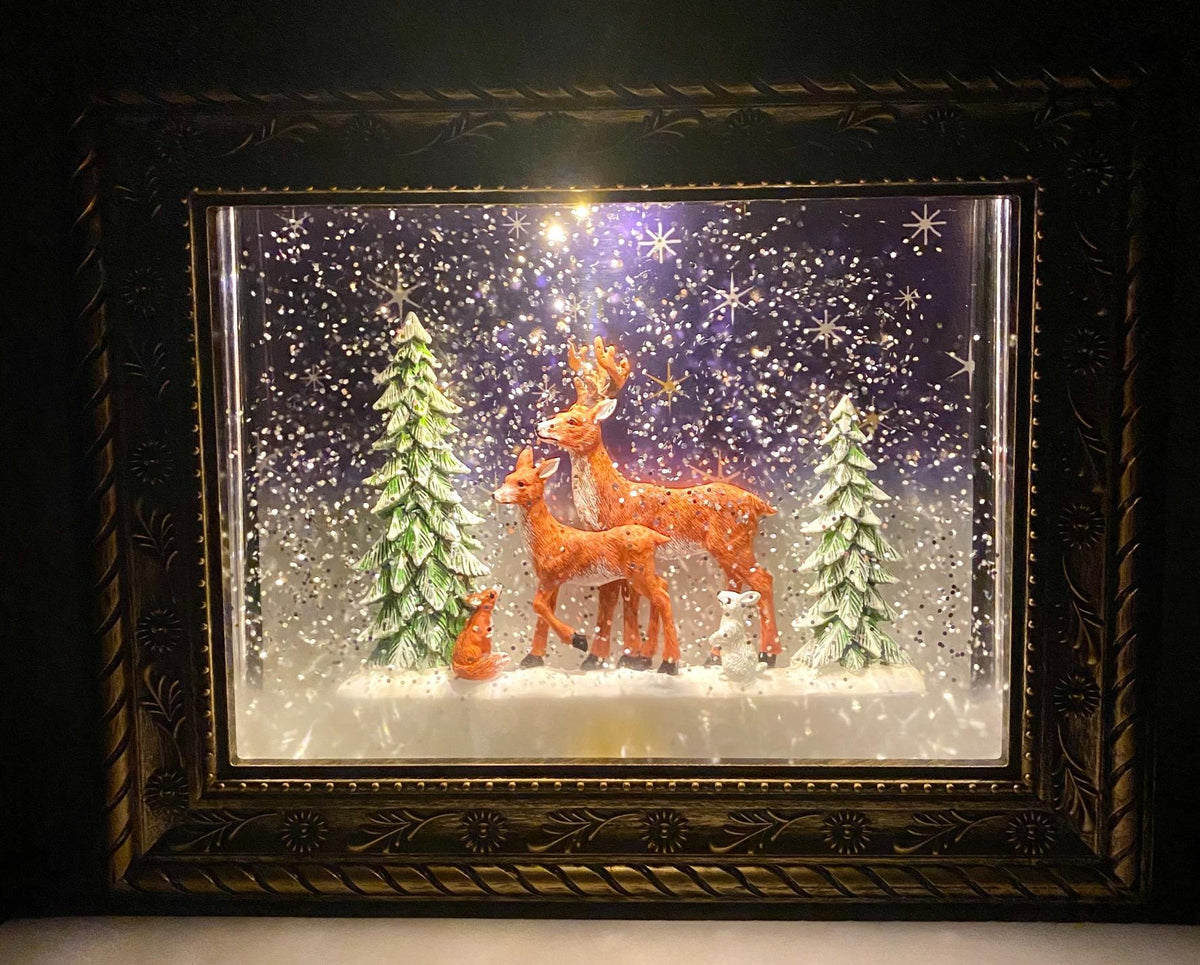 Musical Lighted Reindeer in the Woods Frame San Francisco Music Box Company Collectible