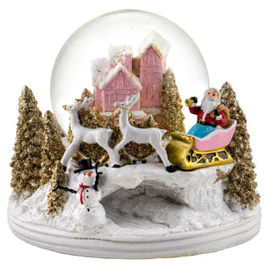 Santa with Reindeer Pink Cottage Snow Globe San Francisco Music Box Company Collectible
